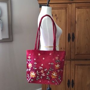 Red velvet bag with sequins and embroidery